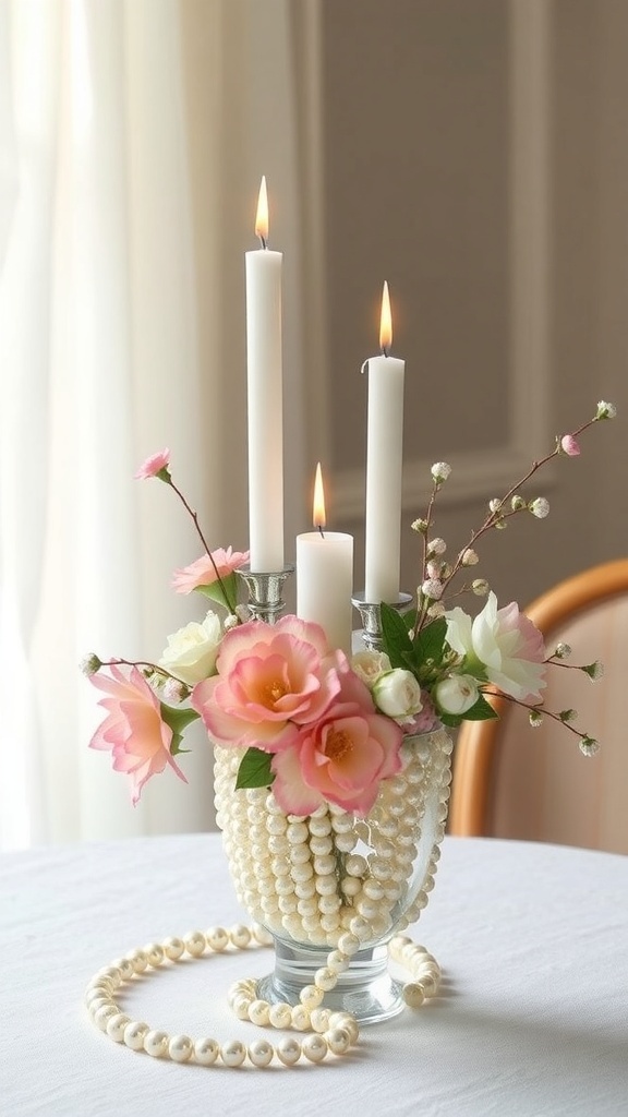 A beautiful centerpiece with candles and flowers, decorated with pearls for a bridal shower.