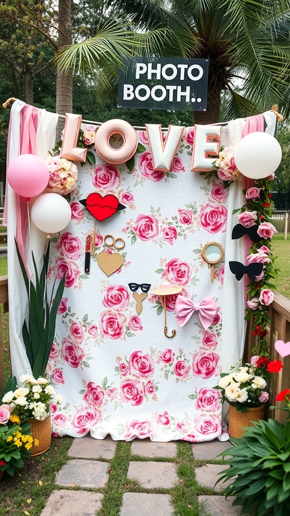 A vibrant DIY photo booth for a garden party bridal shower with floral backdrop, props, and decorations.