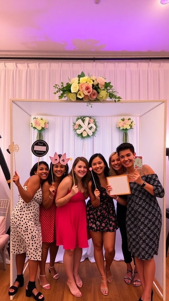 A group of women posing happily at a DIY photo booth with floral decor.