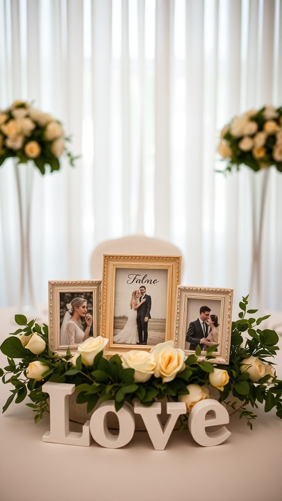 Wedding centerpieces featuring photo frames surrounded by flowers and greenery.