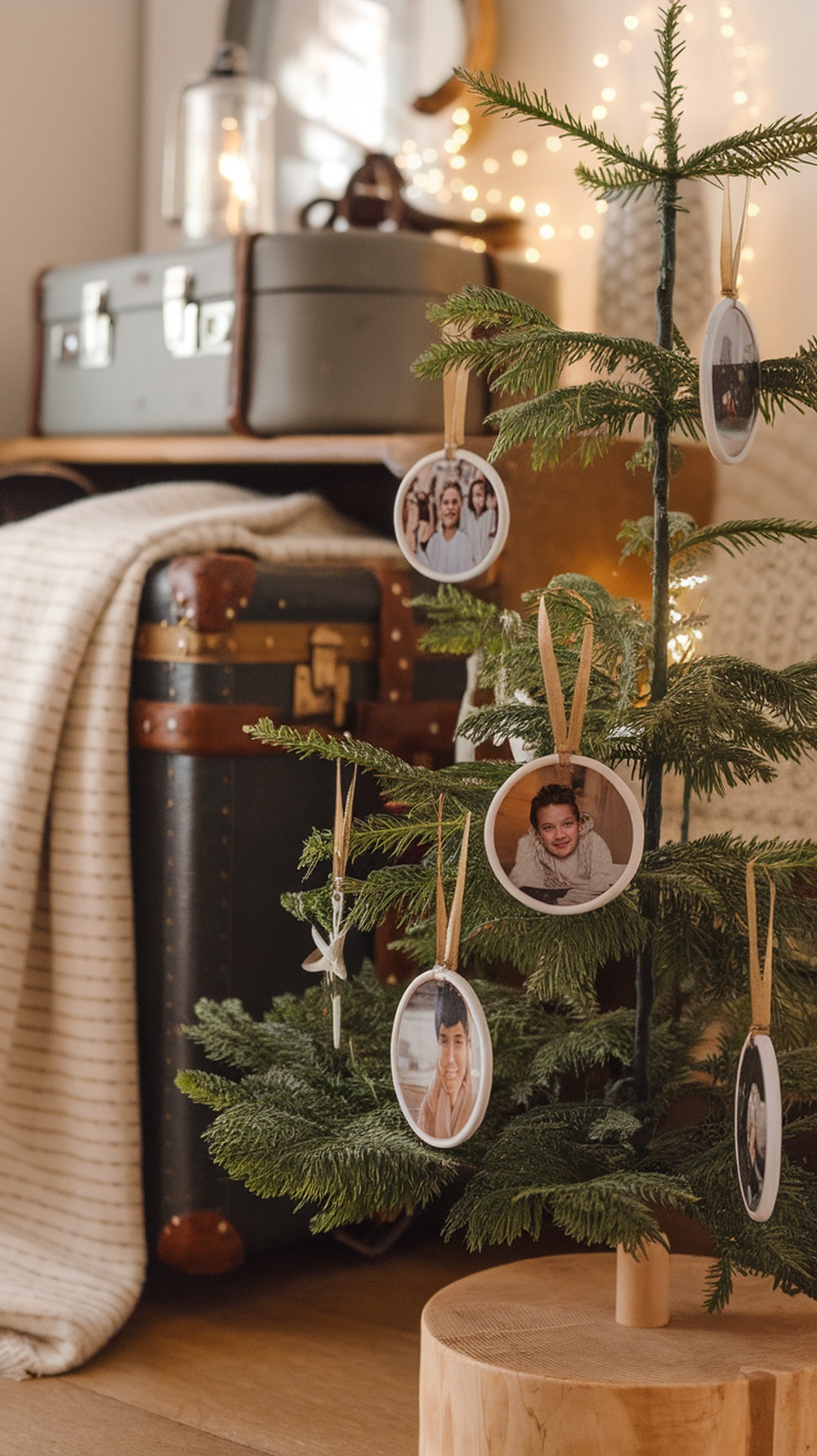 A small Christmas tree decorated with circular photo ornaments, showcasing family pictures.