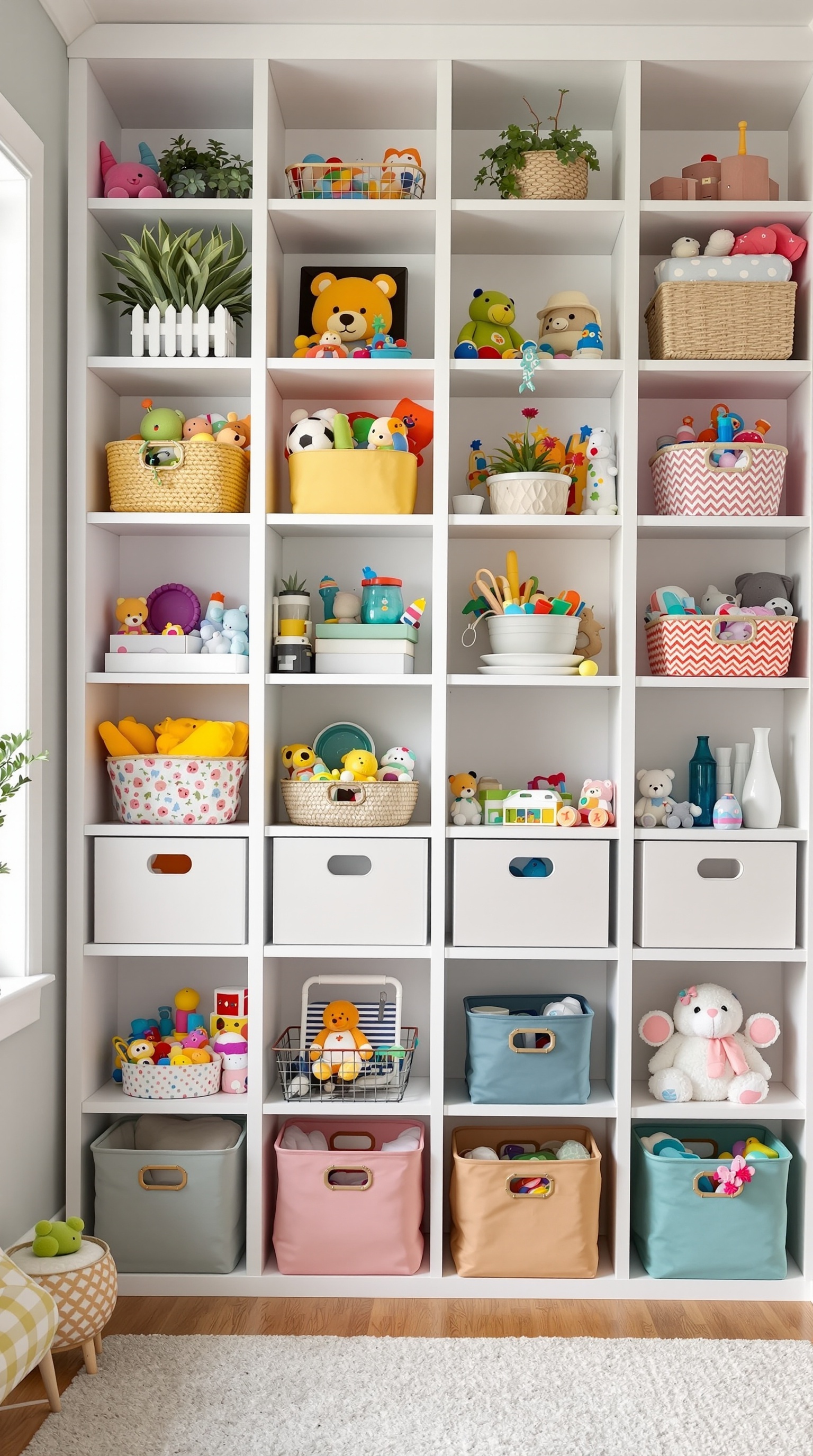 Colorful DIY toy storage cubbies filled with various toys and decorative items.