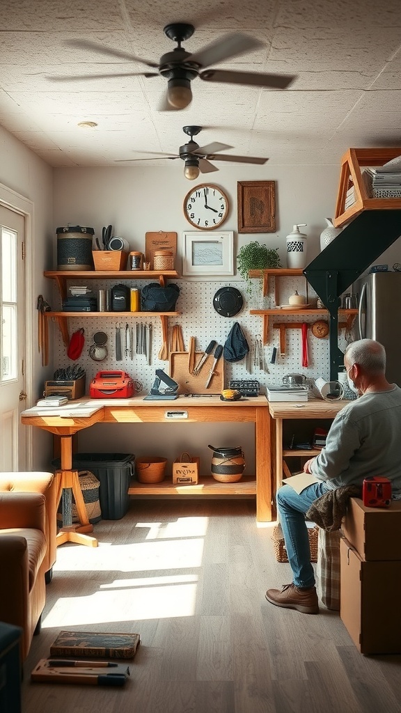 A cozy DIY project corner featuring a wooden workbench, organized tools, and a comfortable chair.
