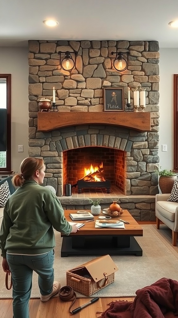 A cozy living room featuring a rustic stone fireplace with a warm fire, wooden mantel, and stylish lighting.