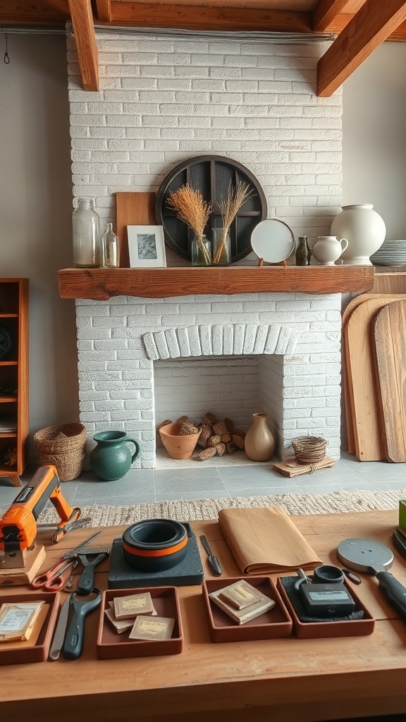 A rustic fireplace mantel made of wood, with a white brick fireplace and various decorative items.