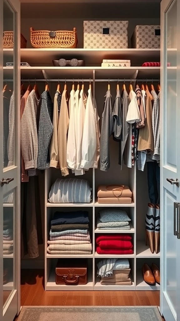 A well-organized wardrobe with hanging clothes and neatly folded items on shelves.