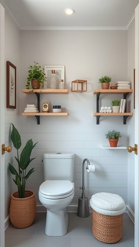 A small bathroom featuring stylish DIY shelves, towels, plants, and decorative items.
