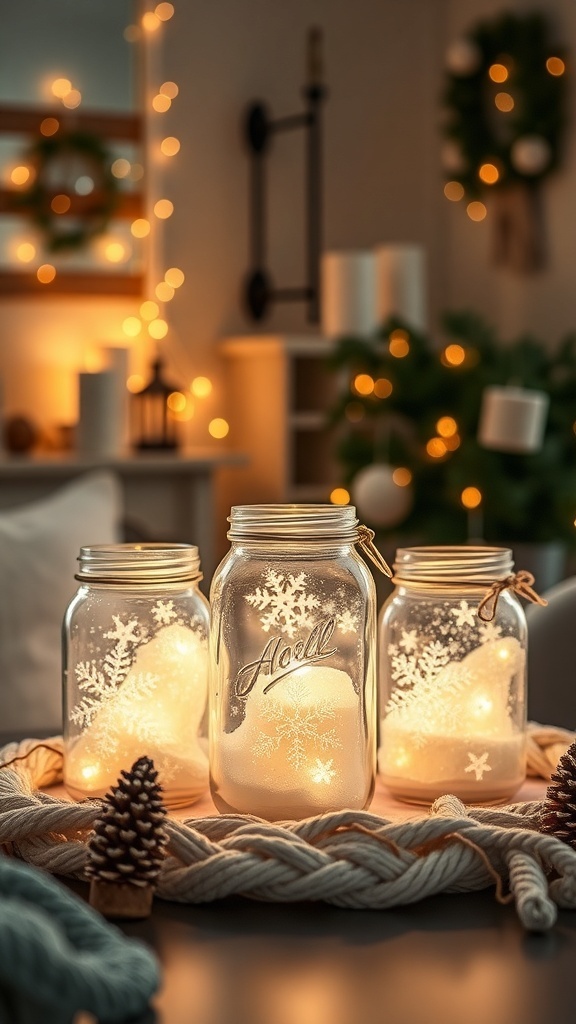Three snowy jar lanterns glowing on a table with pinecones and festive decor in the background.