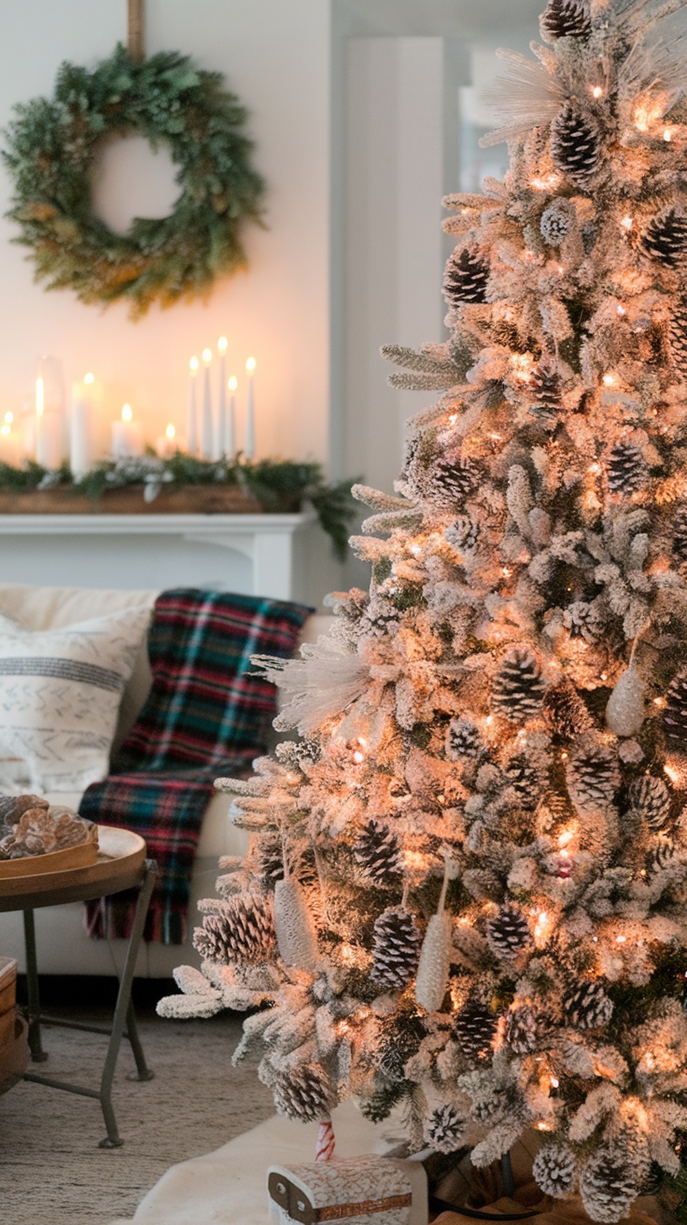 A beautifully decorated white Christmas tree with snowy pinecones and warm lights.