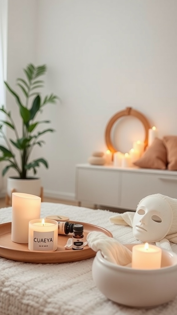 A cozy DIY spa setup with candles, essential oils, a facial mask, and soft towels.