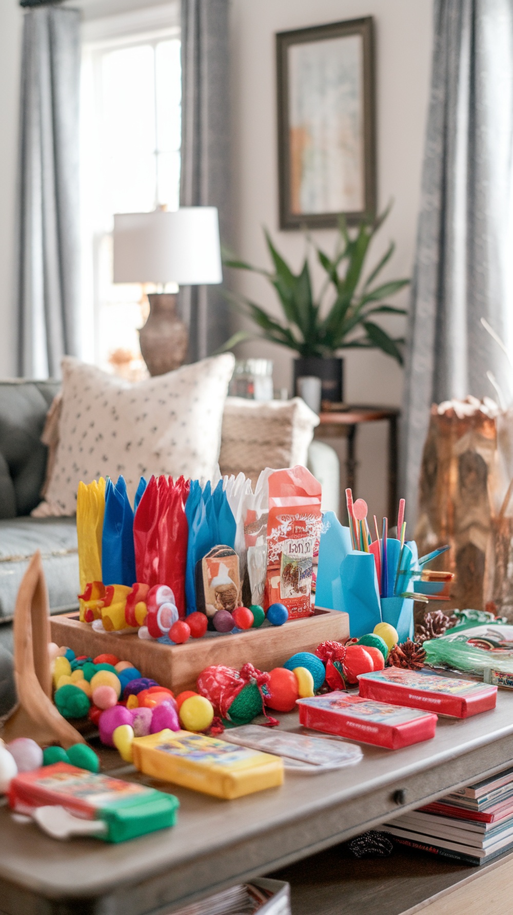 A cozy living room table with colorful supplies for DIY stocking stuffers, including bags, toys, and craft materials.