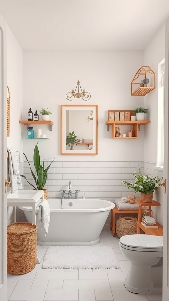 A small, organized bathroom featuring a bathtub, wall shelves, plants, and decorative storage solutions.