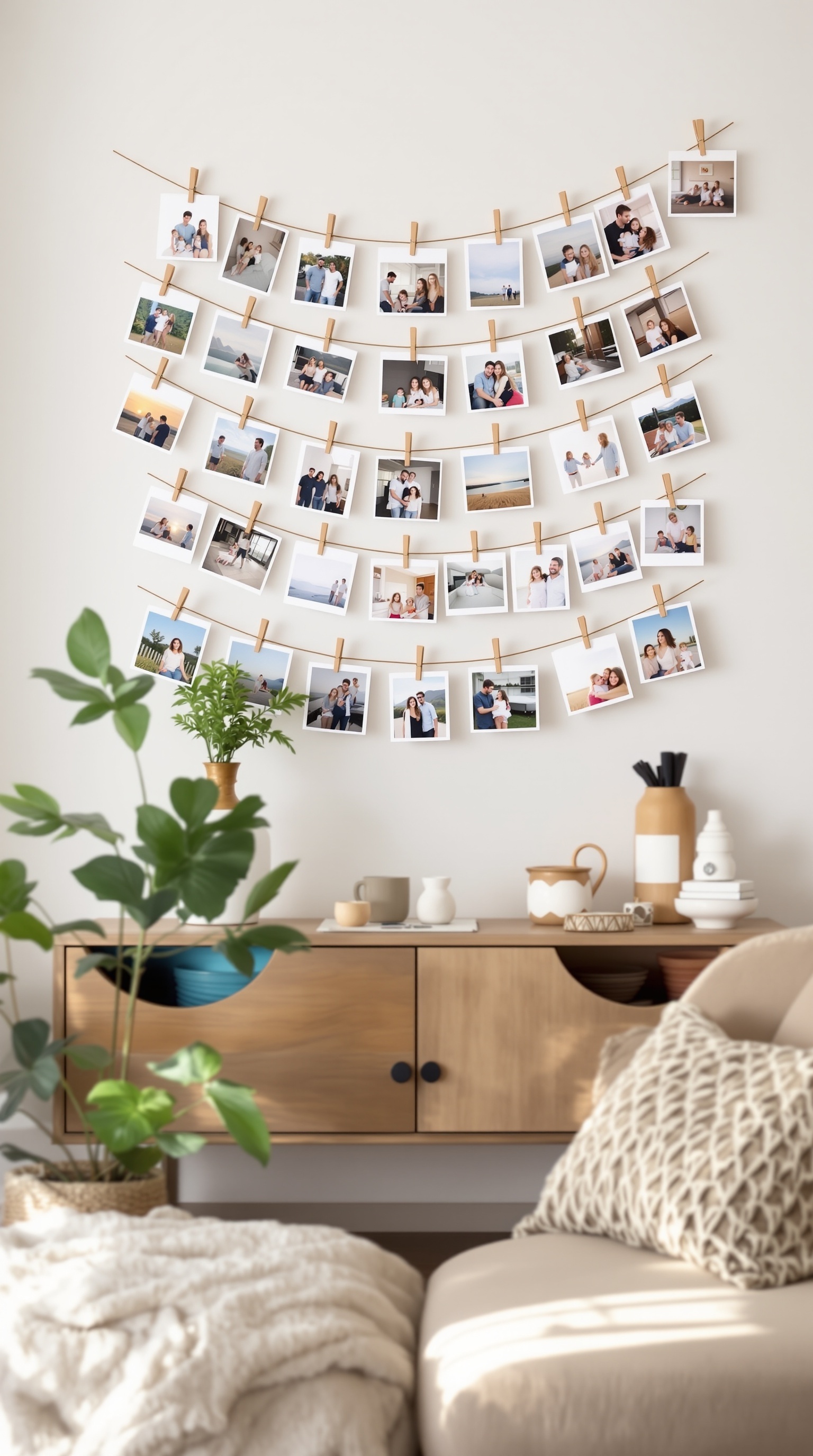 A cozy living room with a DIY string and clip photo display featuring family photos, surrounded by plants and decorative items.