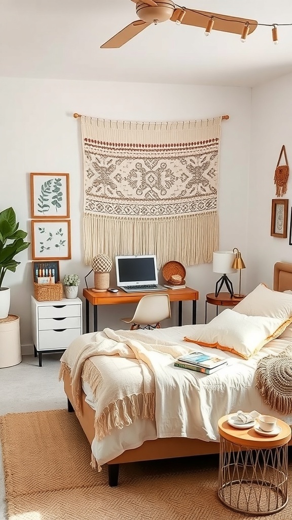 Cozy bedroom with a tapestry hanging above the bed, featuring a desk and plants.