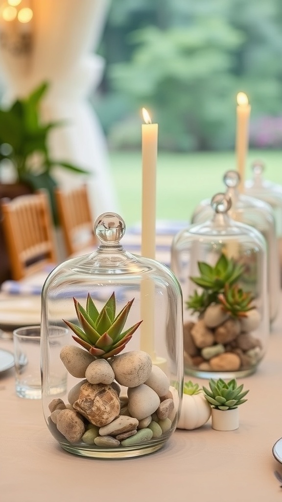 DIY terrarium centerpieces with succulents and pebbles, set on a wedding table.