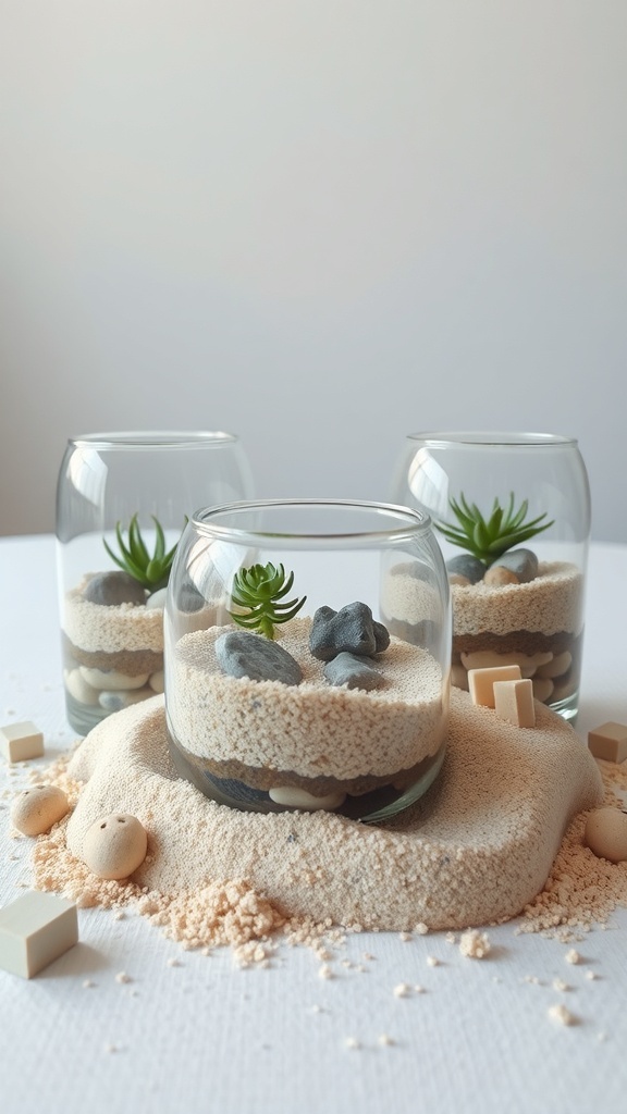 A close-up of DIY terrarium centerpieces featuring three glass jars filled with sand, pebbles, and small succulent plants.
