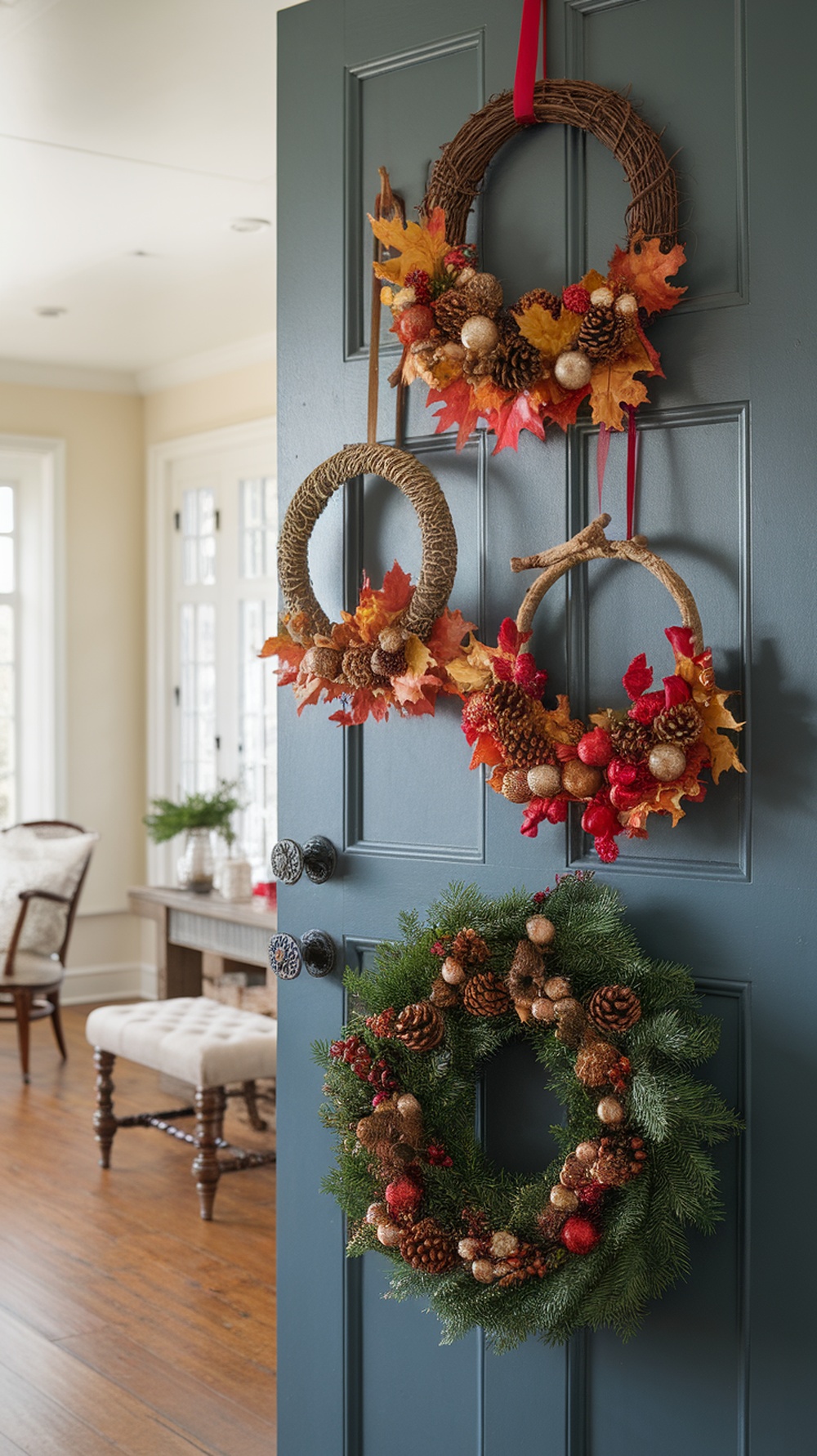 Three decorative wreaths hanging on a blue door, showcasing autumn leaves and pinecones for Thanksgiving and festive ornaments for Christmas.