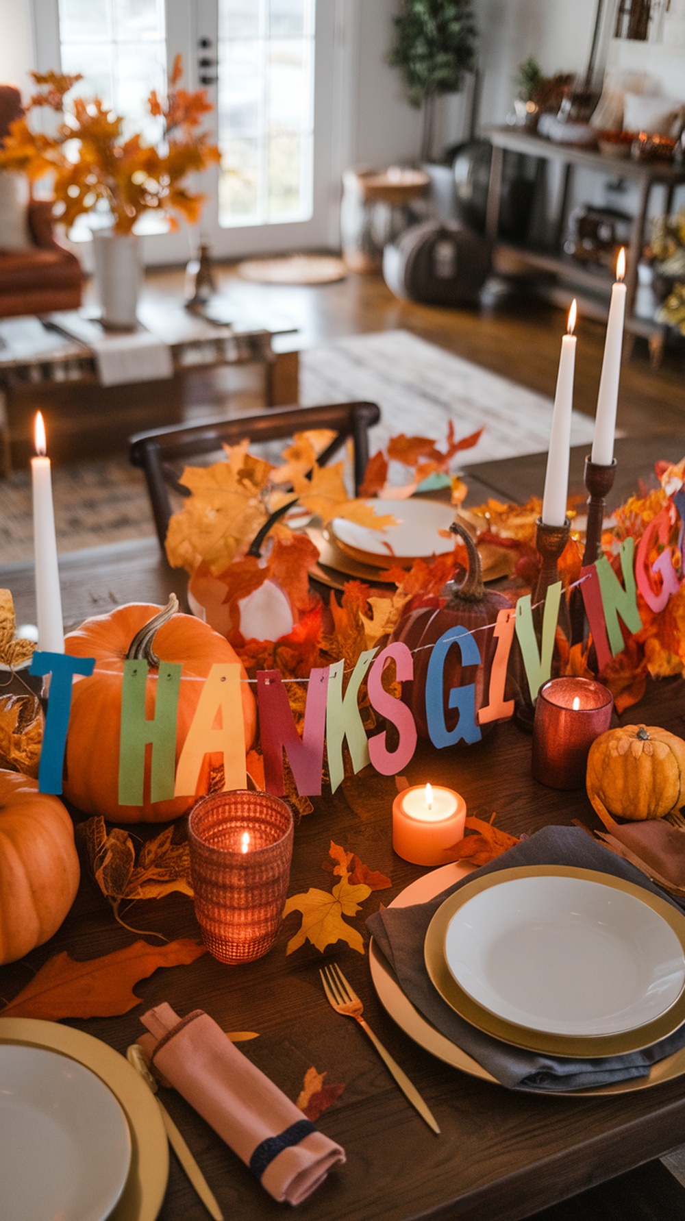 A colorful Thanksgiving banner with pumpkins and candles on a festive table.