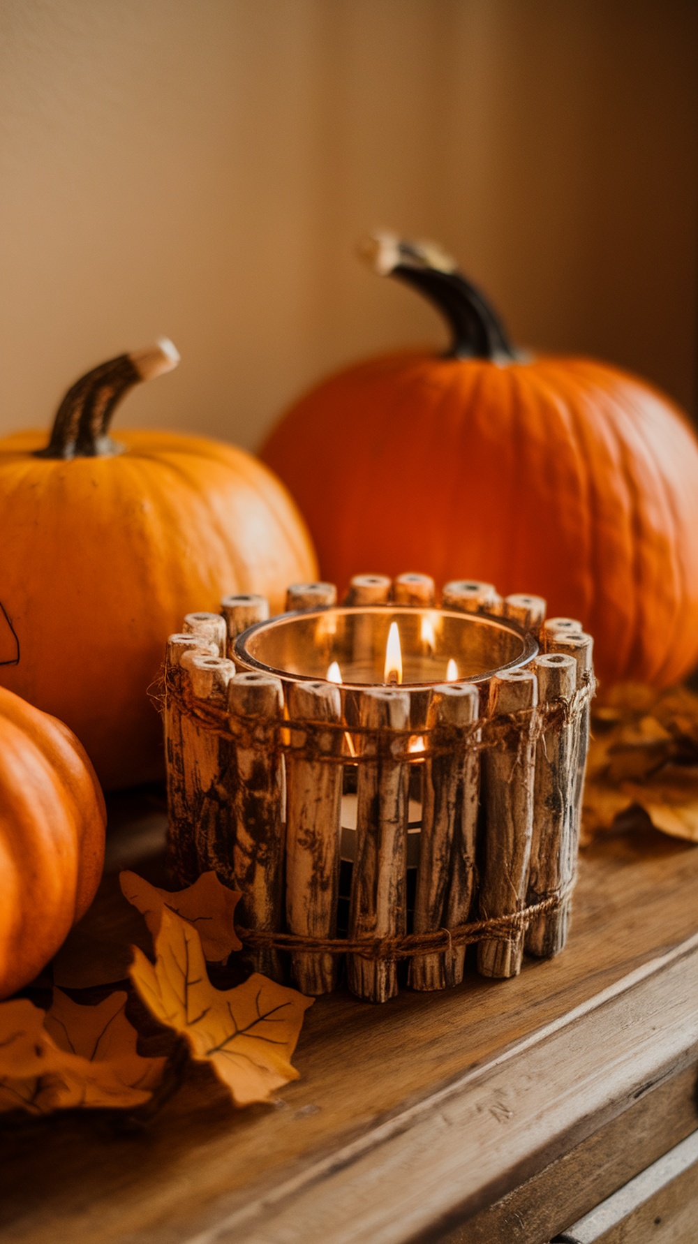 DIY Thanksgiving candle holder made of twigs, surrounded by pumpkins and autumn leaves