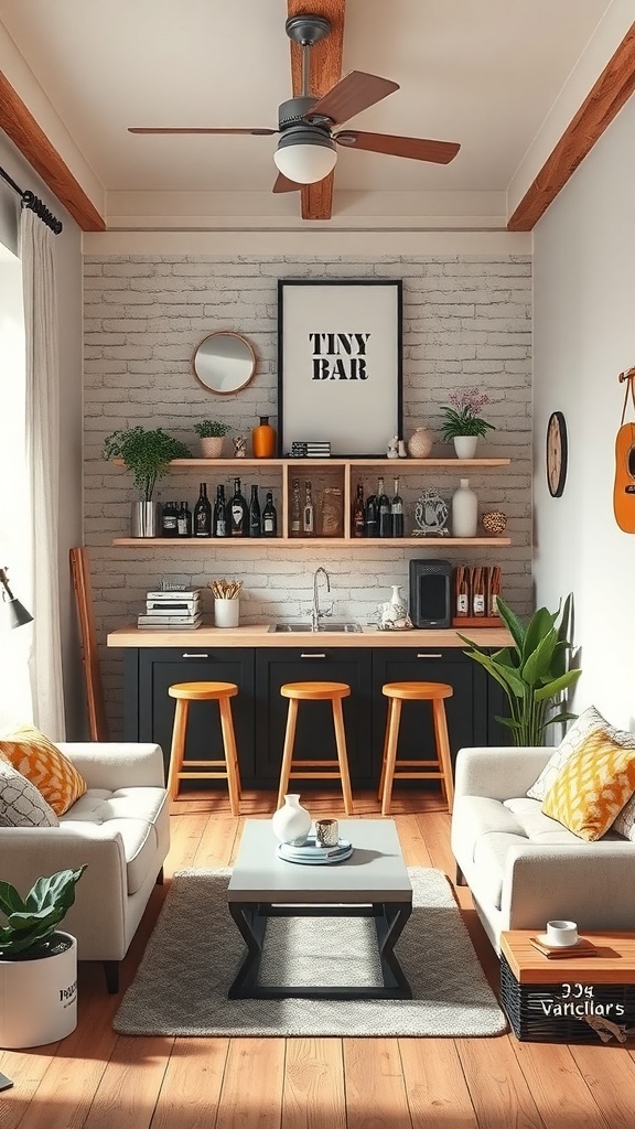 A cozy tiny bar setup with a countertop, bar stools, and shelves filled with bottles.