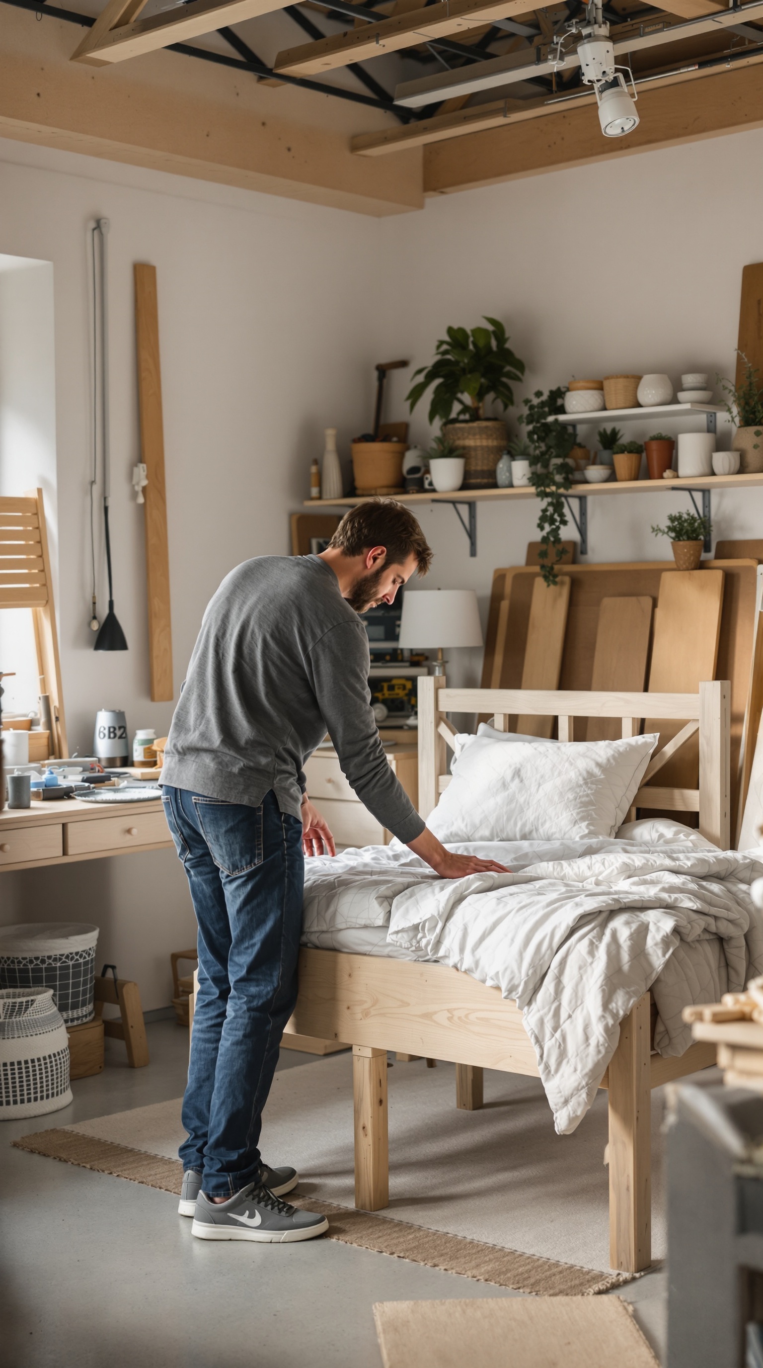 A man arranging a cozy toddler bed in a bright workspace with wooden decor.