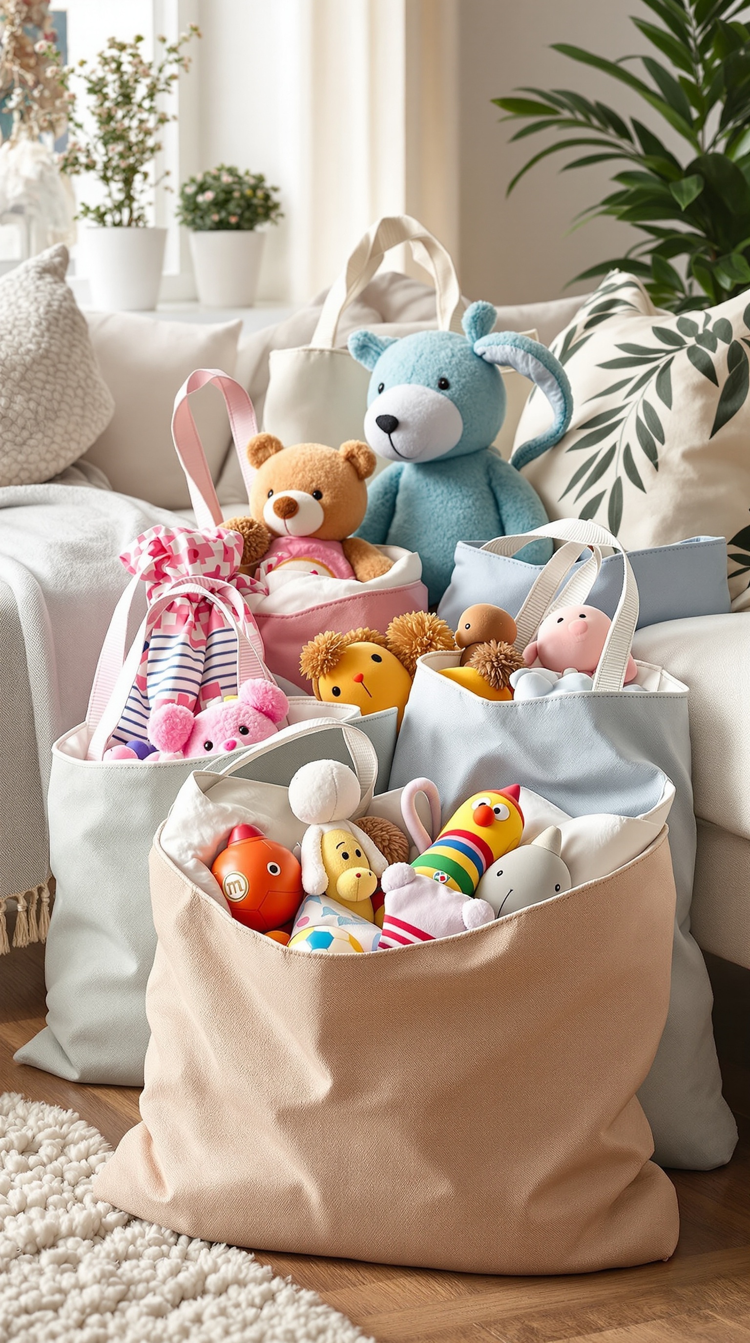 Colorful DIY toy bags filled with plush toys in a cozy living room setting.