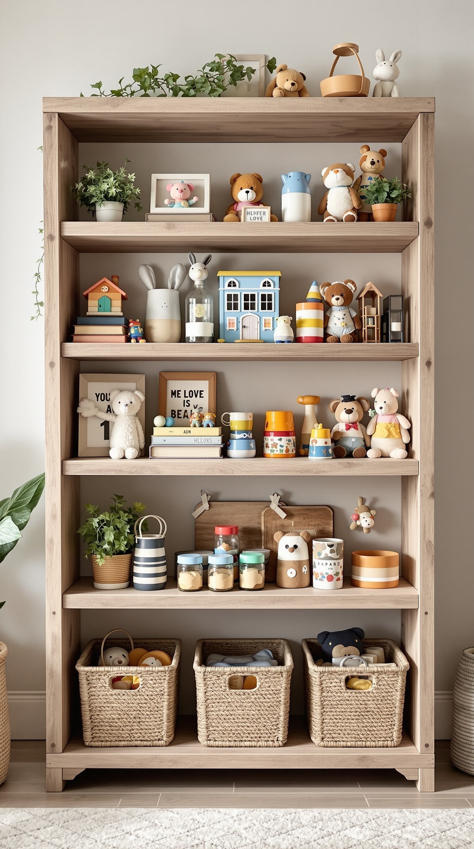 A wooden toy shelf filled with colorful toys, plushies, and decorative items, showcasing a charming and organized display.