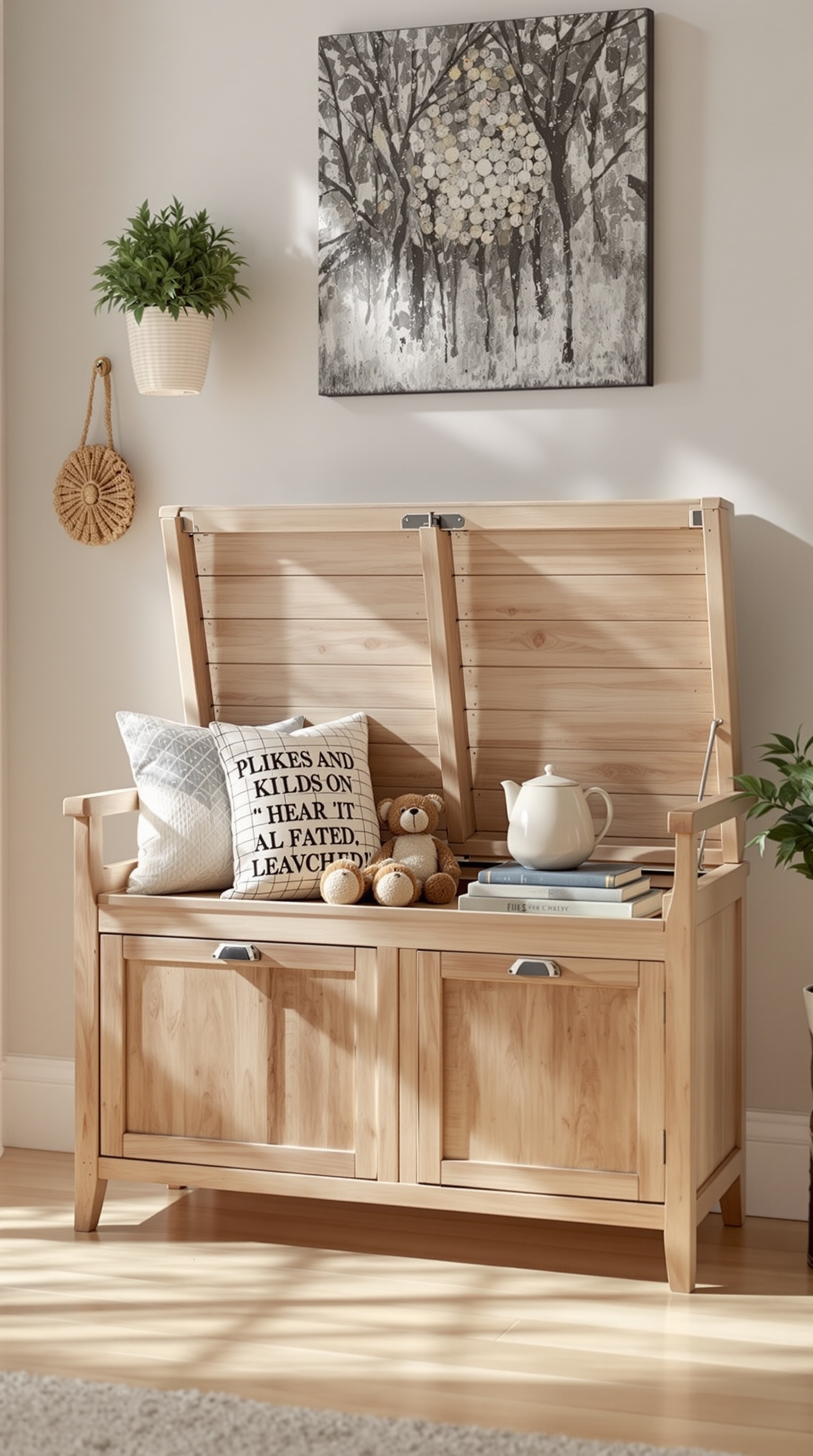 A wooden toy storage bench with an open lid, pillows, a teddy bear, and a teapot on top.