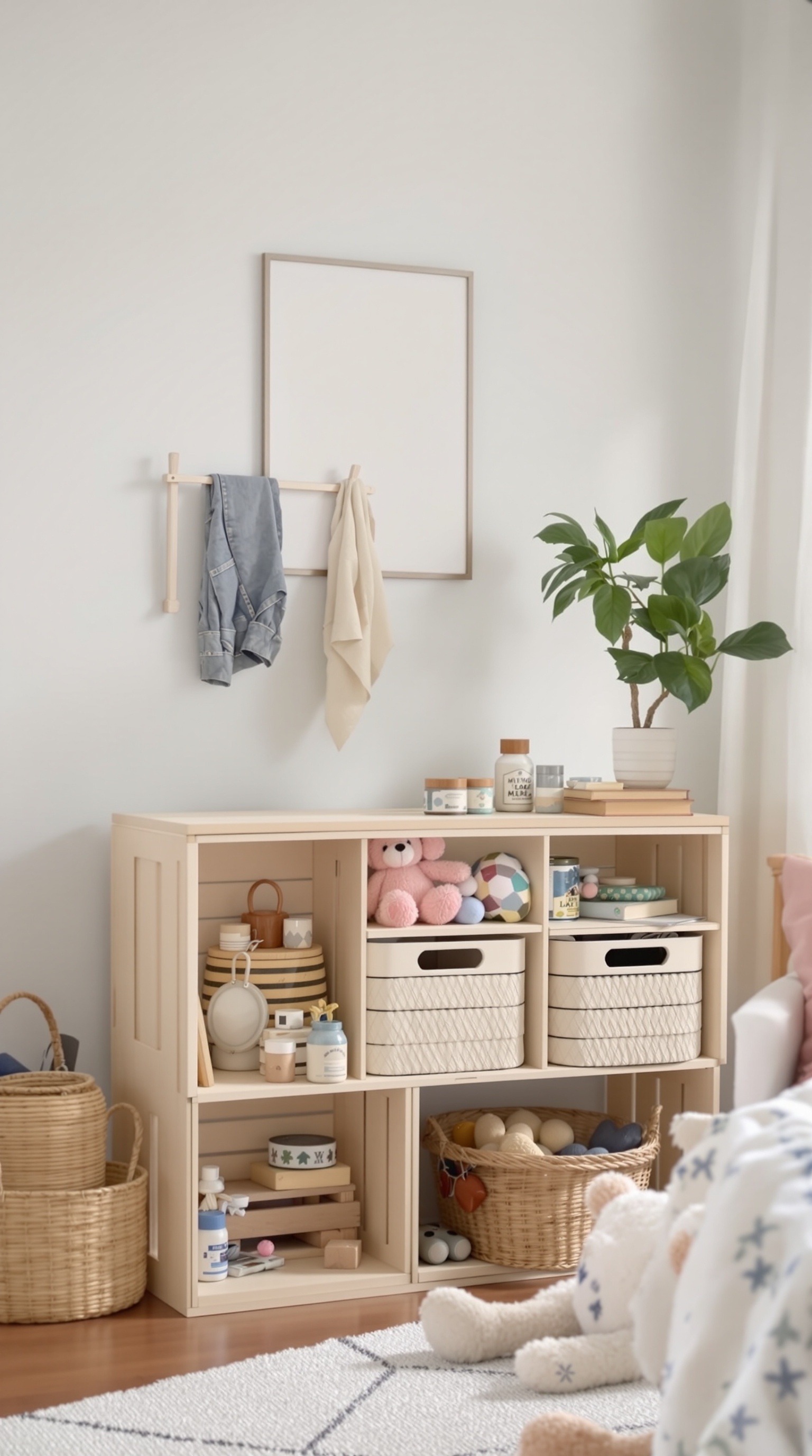 A stylish nursery toy storage unit with woven baskets and decorative items.