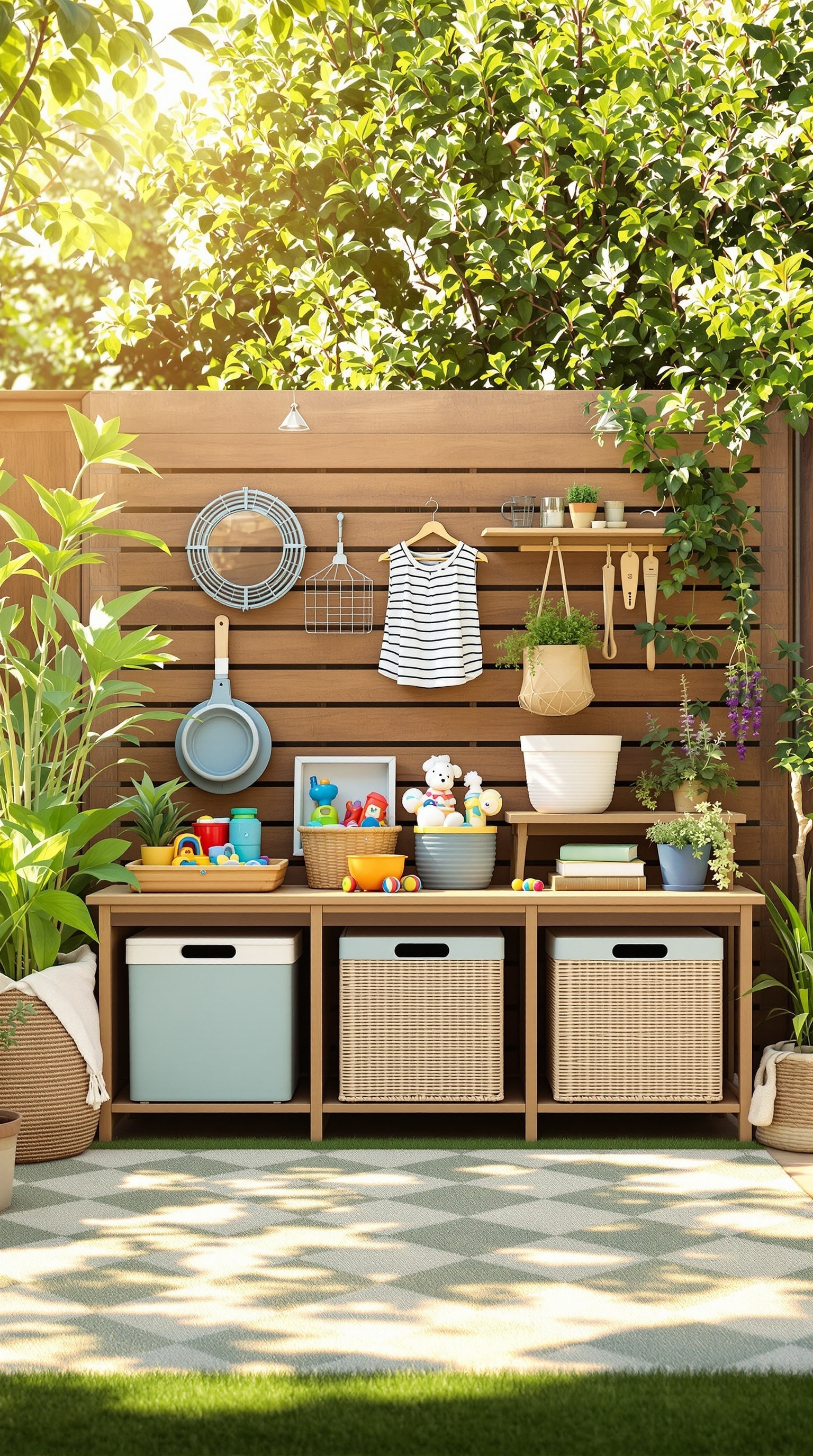 A well-organized outdoor toy storage area with colorful bins, baskets, and greenery.