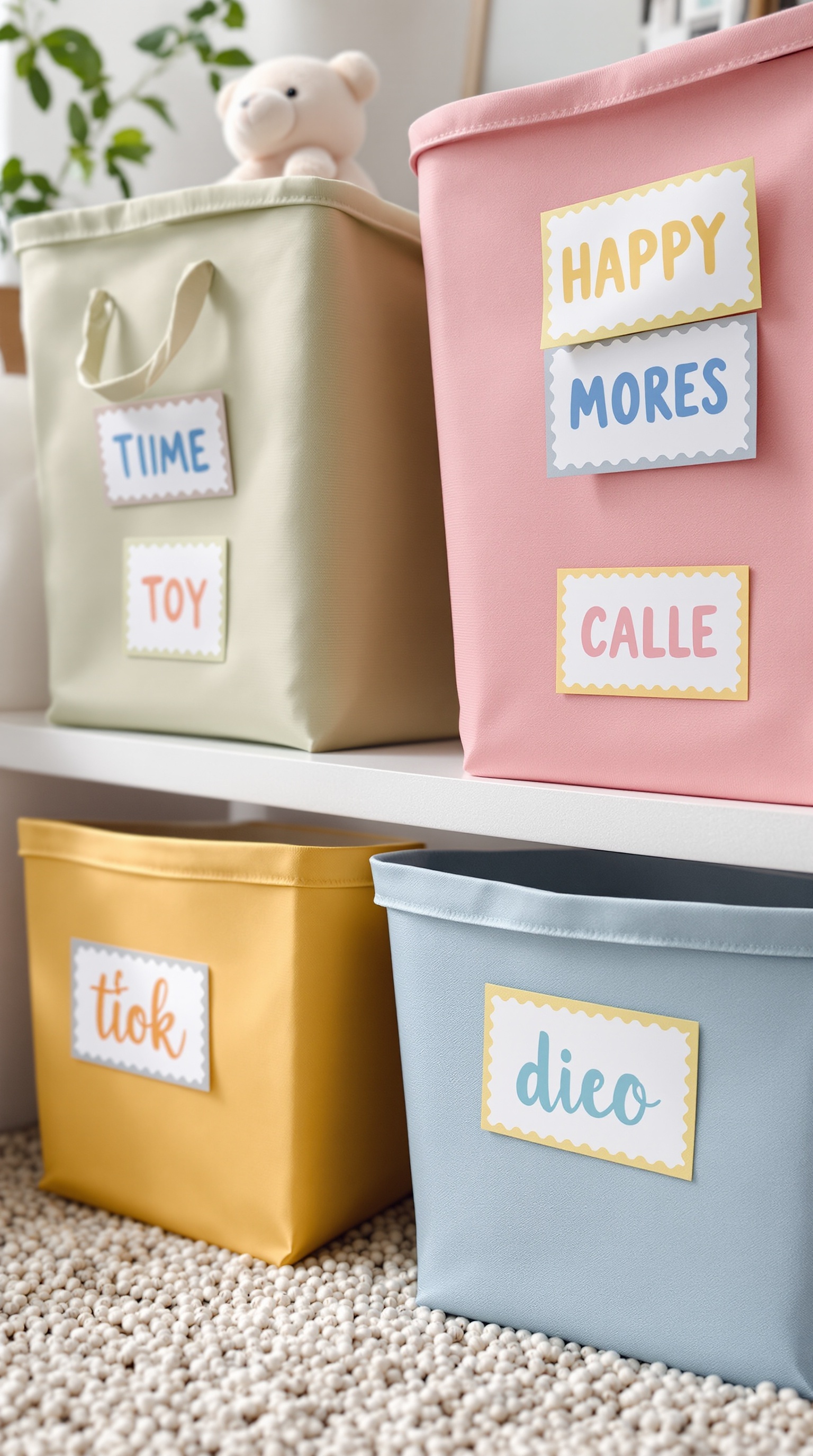 Colorful storage bins with playful labels for toy organization