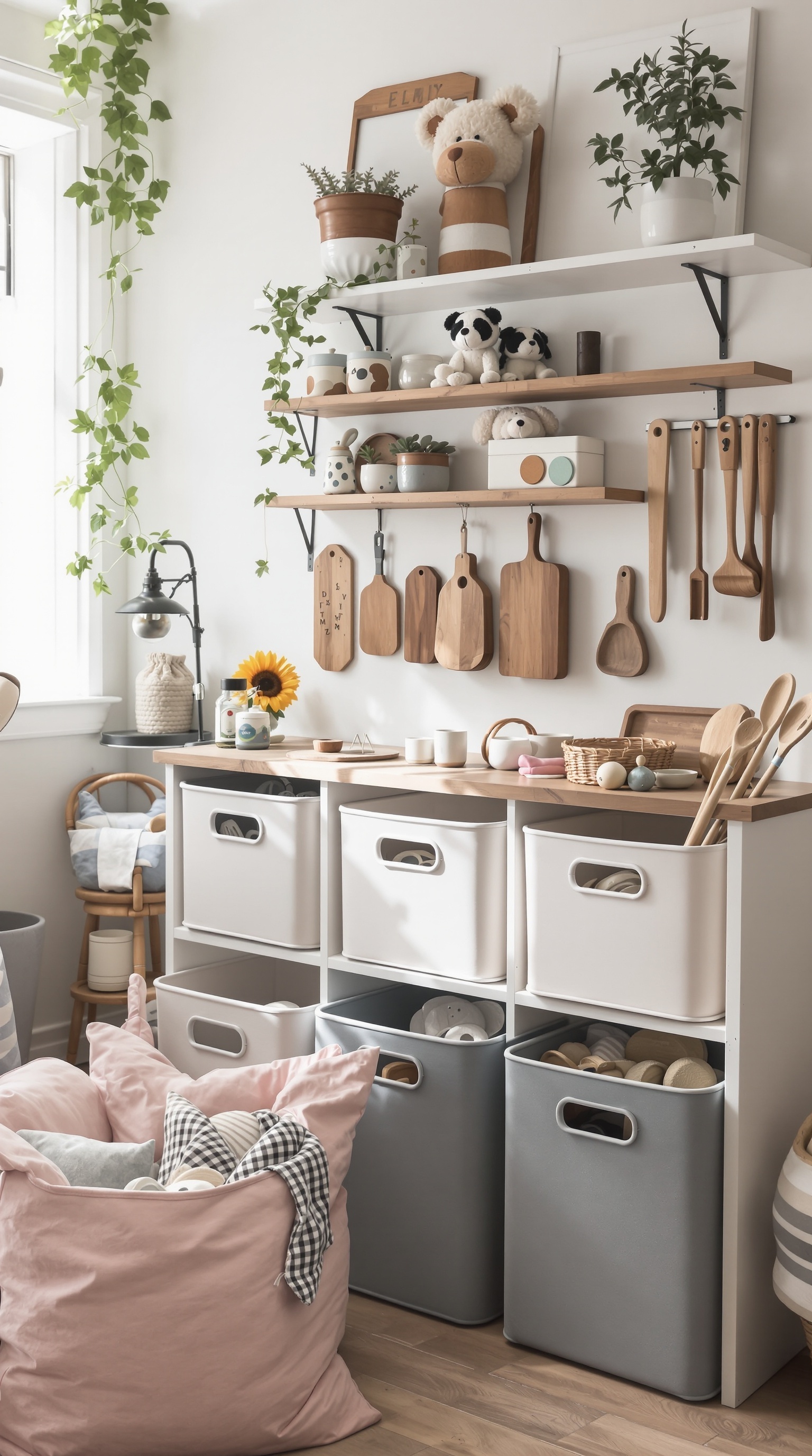 A cozy room with organized toy storage bins, featuring soft colors and natural materials.