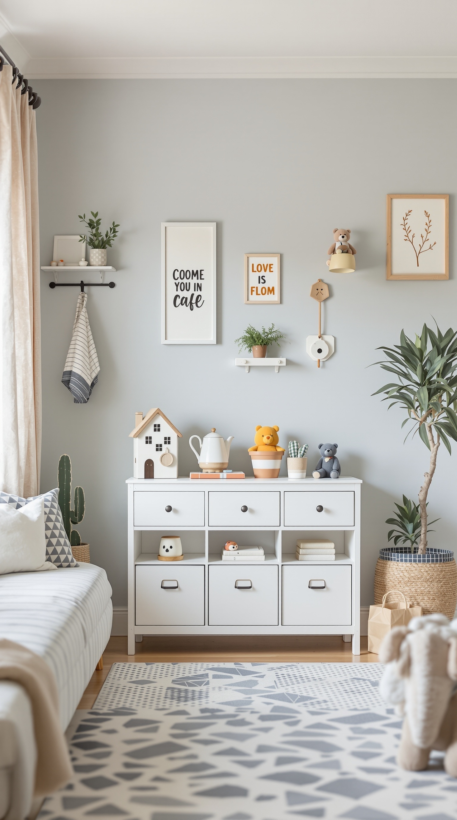 A bright and organized toy room with a white storage unit, playful wall decor, and a cozy seating area.