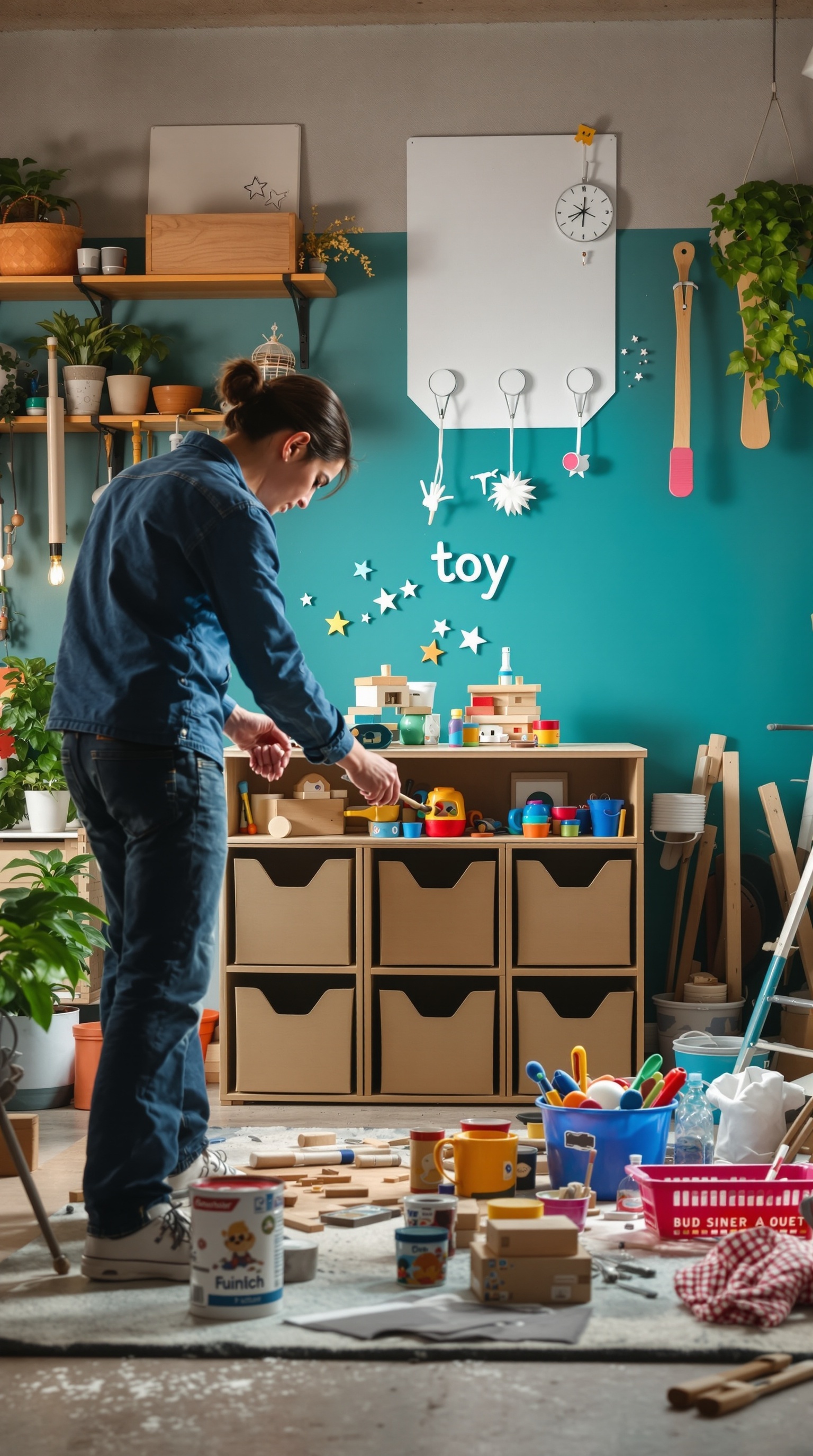 A parent organizing toys in a colorful playroom with a stylish storage unit and scattered toys on the floor.