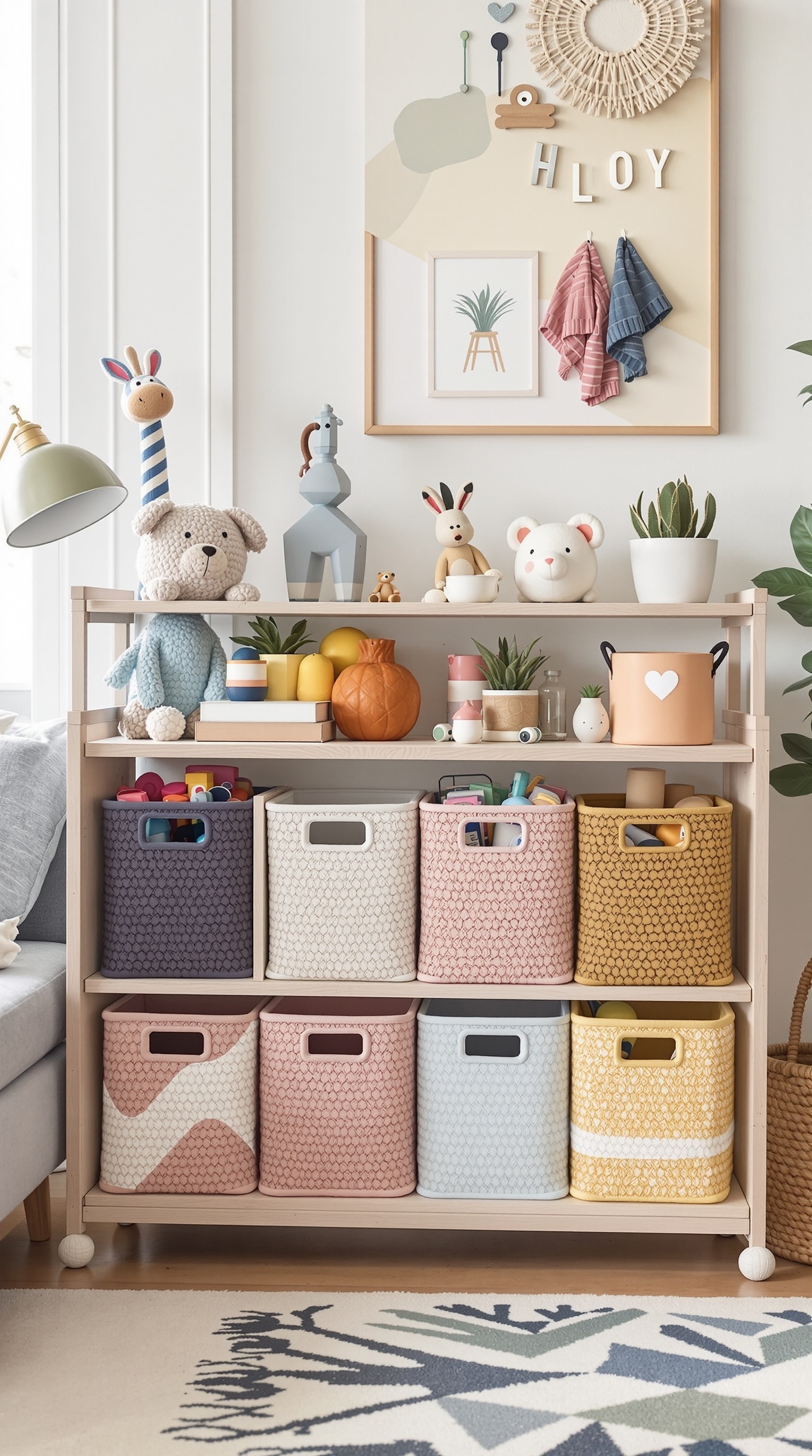 Colorful toy storage bins on a wooden shelf in a living room, with decorative items and plants.