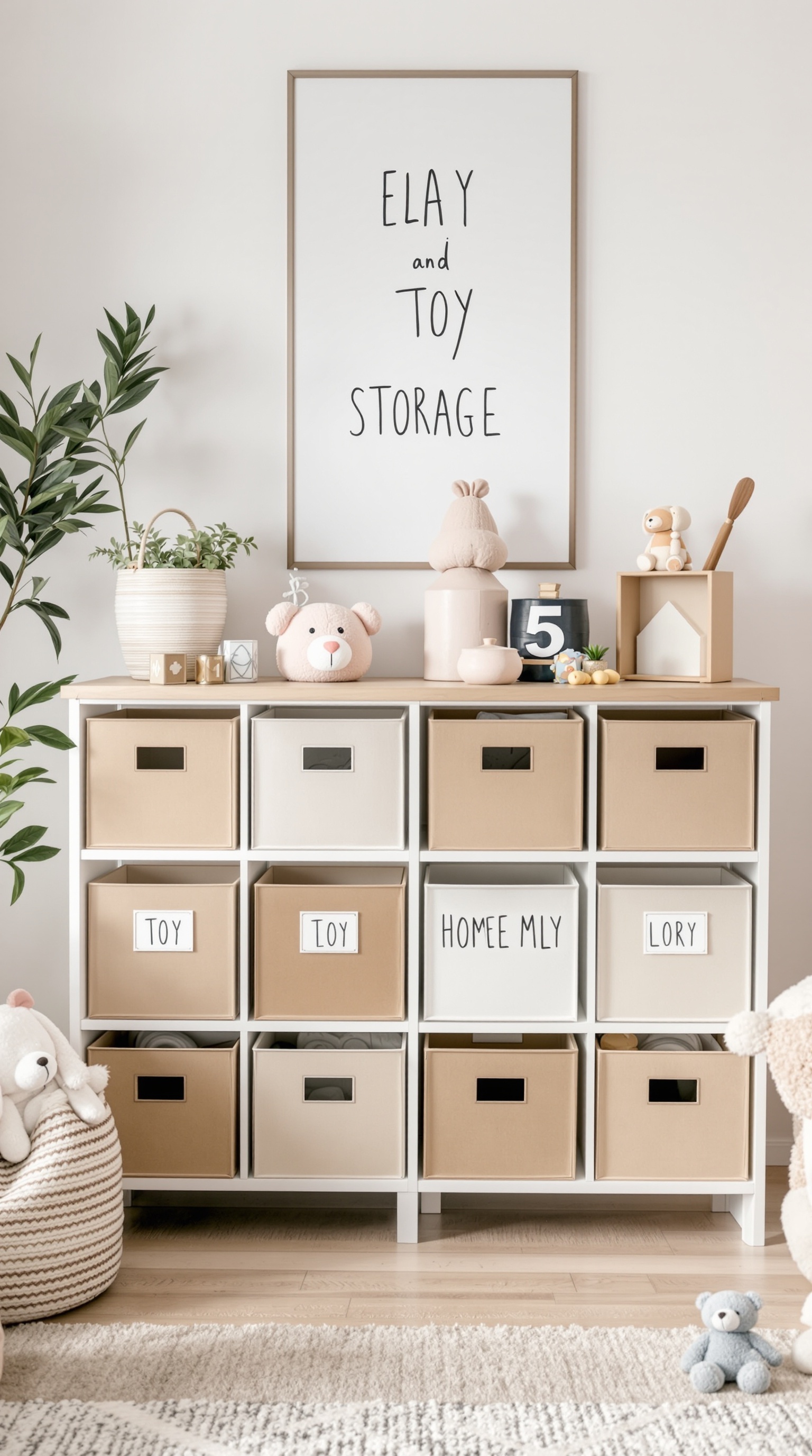 Stylish toy storage solution with labeled boxes and decorative items