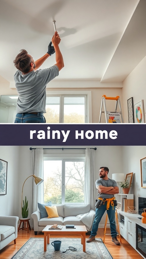 A person working on smoothing out a popcorn ceiling in a cozy living room.