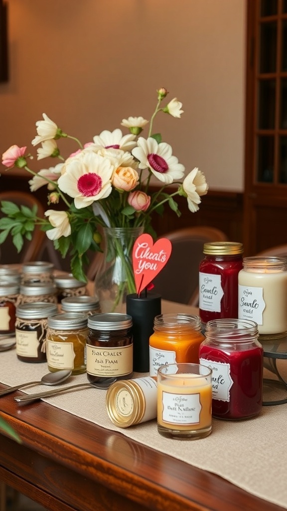 A table display of DIY candles and fresh flowers for a wedding reception.