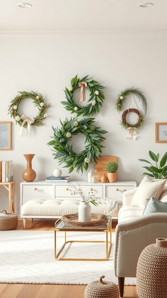 A cozy living room featuring several decorative wreaths on the wall, showcasing different styles and colors.