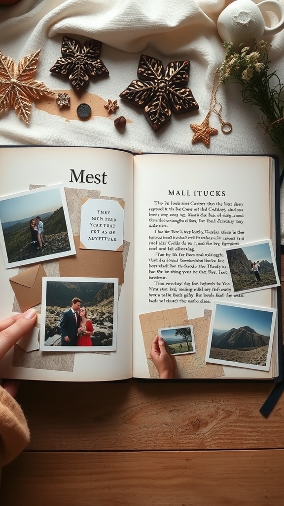A person's hands holding an open scrapbook with photos of an elopement and decorative elements around it.