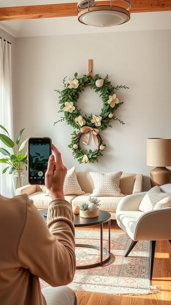 A person taking a photo of a beautifully crafted ornament wreath hanging on a wall.