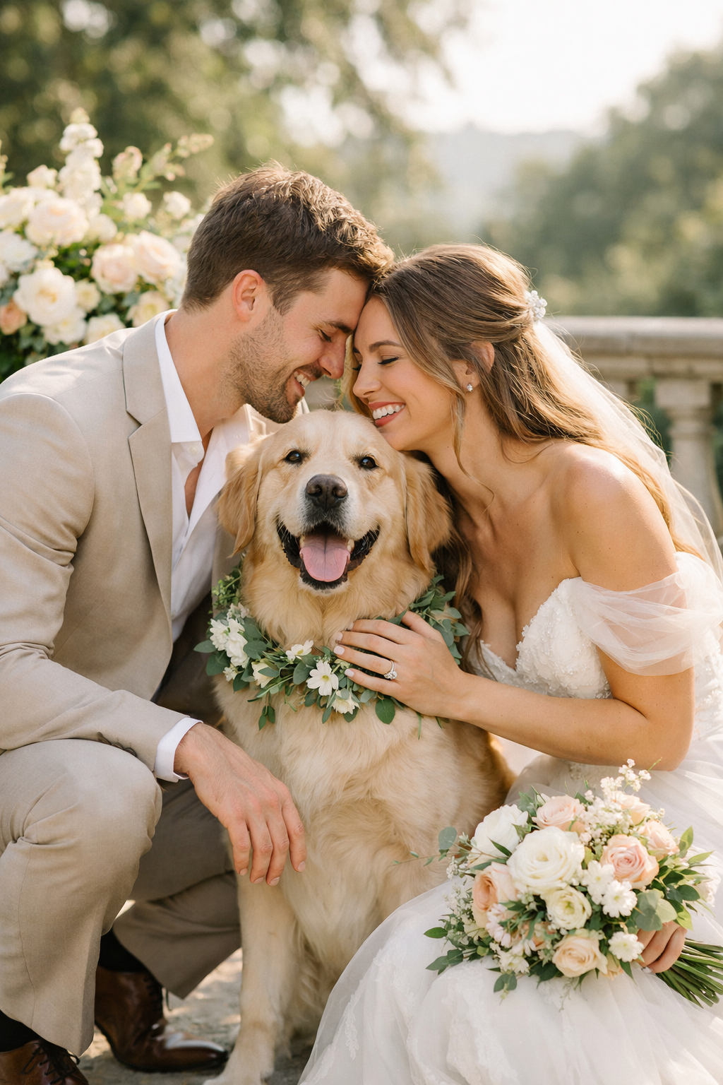 A couple with their dog surrounded by flowers, capturing a joyful moment.