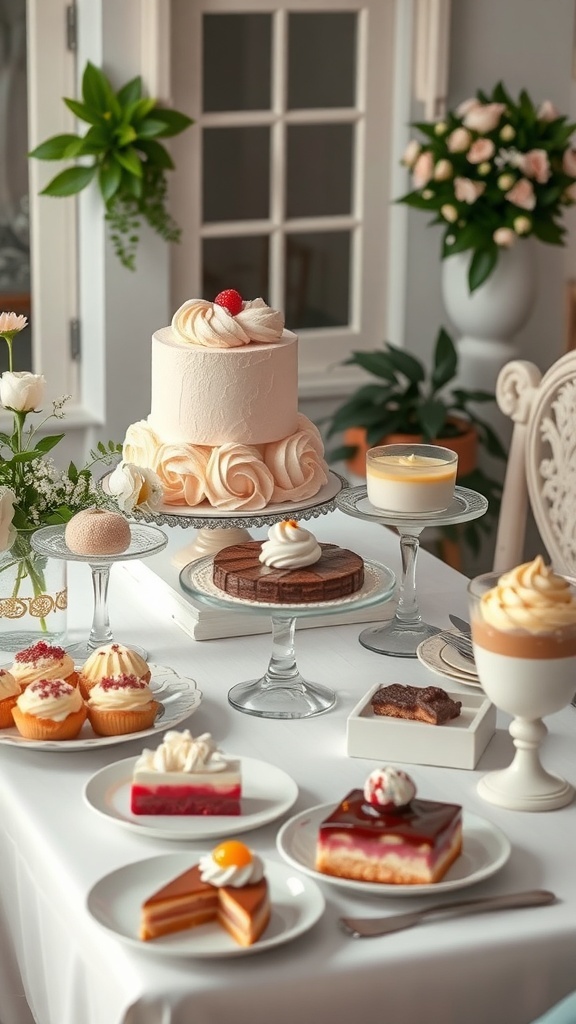 An elegant dessert table featuring a beautifully decorated pink cake, assorted pastries, fruit tarts, and floral arrangements.