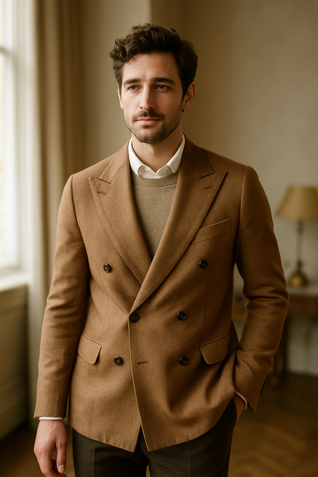 A man wearing a brown double-breasted blazer over a sweater and shirt, standing indoors.