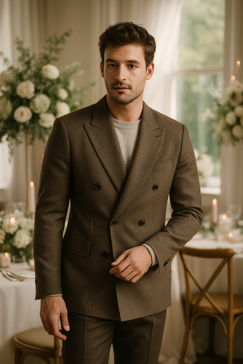 A man in a brown double-breasted blazer standing in a formal setting with floral arrangements.
