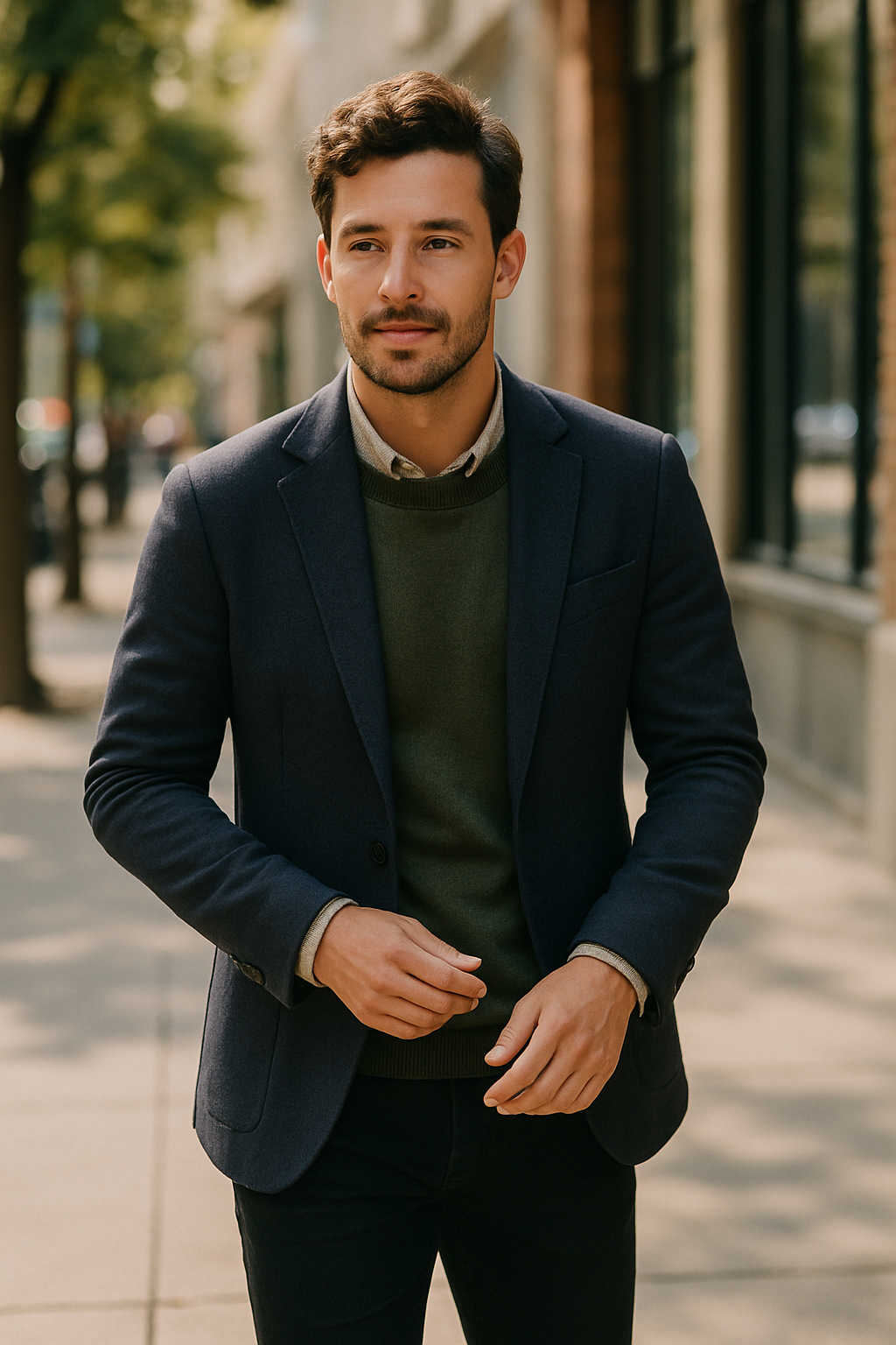 A man wearing a dark double-breasted blazer over a green sweater, walking on a city street.