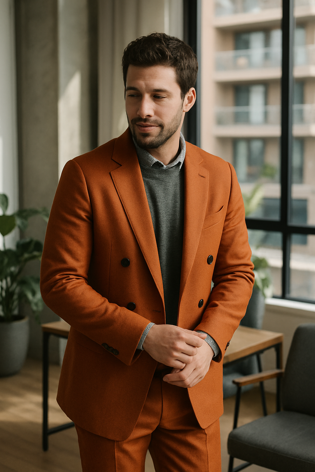 A man wearing a double-breasted orange suit with a gray sweater, standing in a modern interior.