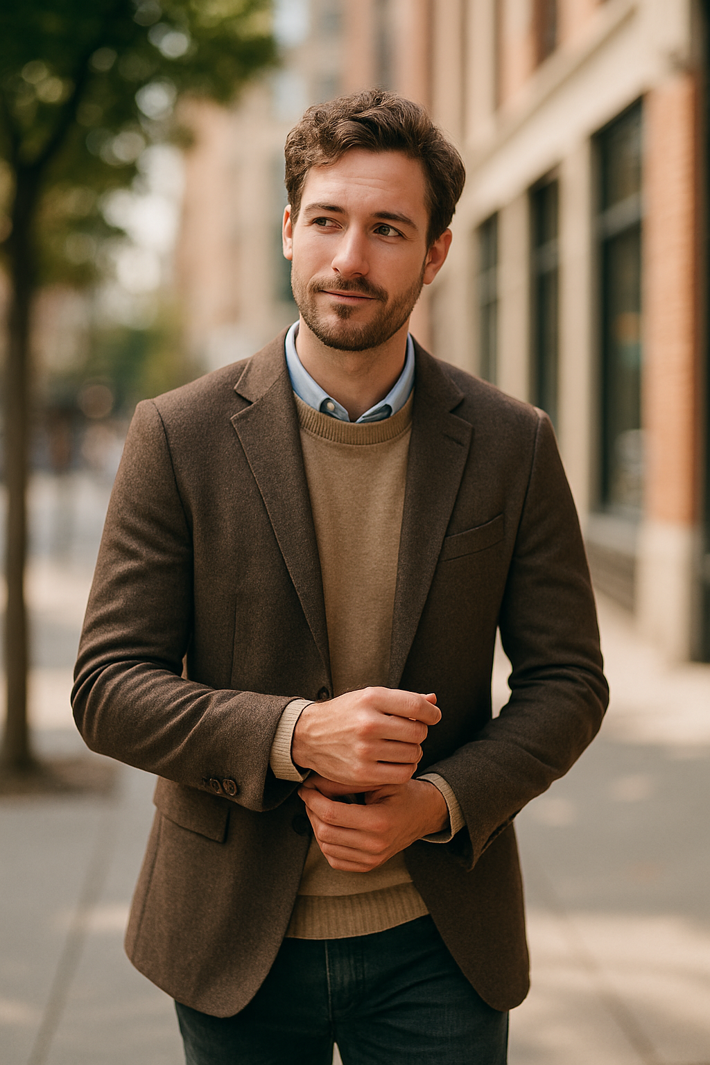 A man wearing a brown double-breasted blazer over a light sweater and a collared shirt, standing outdoors with a relaxed expression.