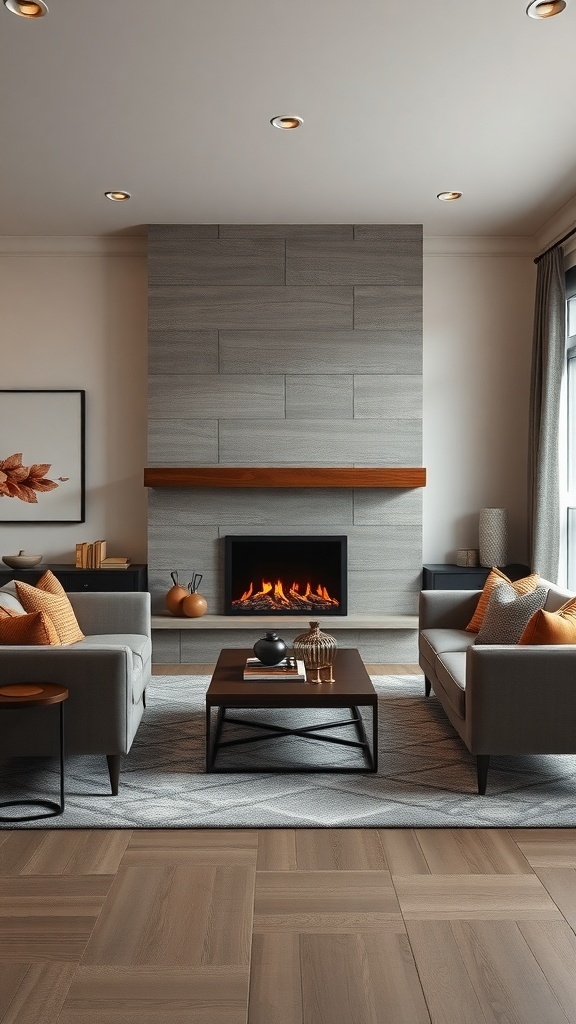 A modern double-sided fireplace with a gray stone wall and wooden mantel, surrounded by stylish furniture.