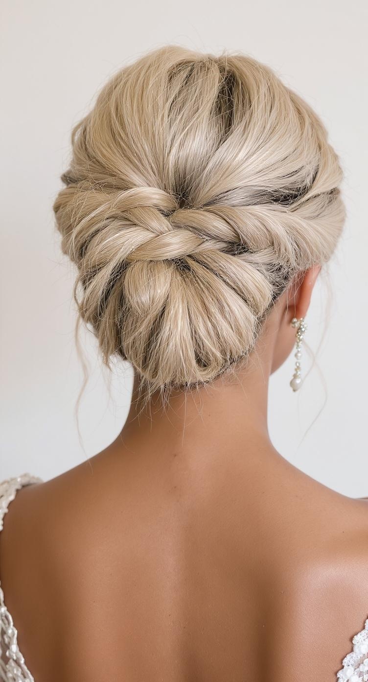 A beautiful double braid updo hairstyle for bridesmaids, featuring a chic bun and delicate earrings.